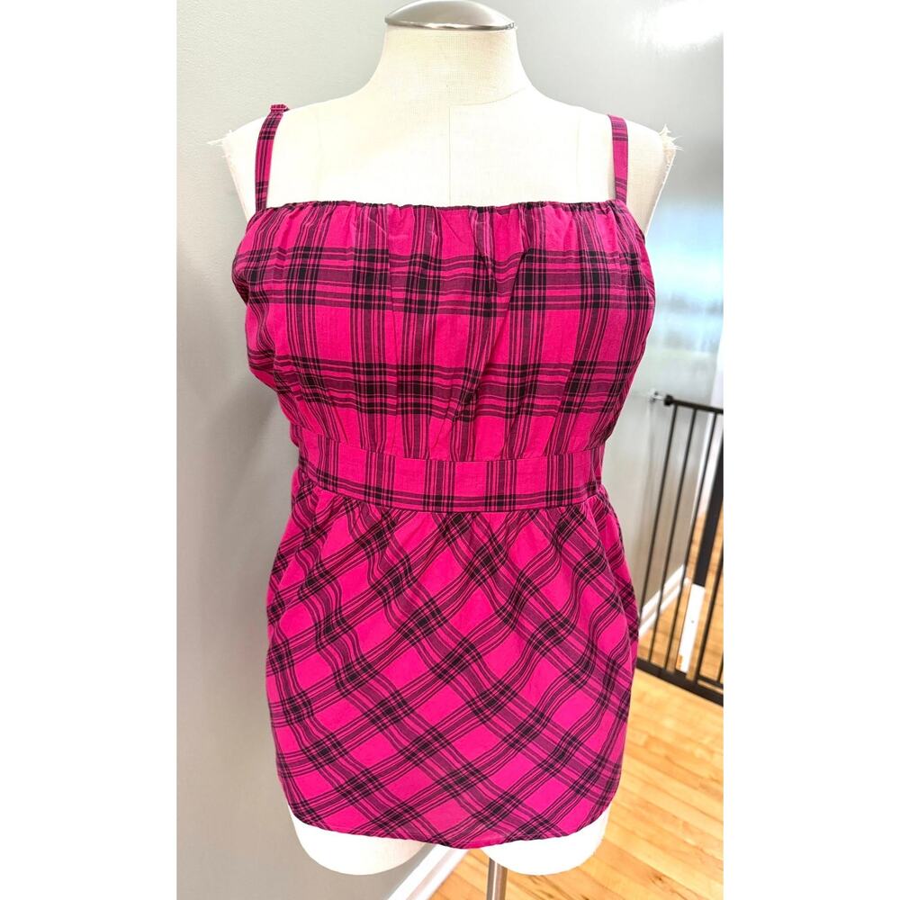 Torrid 5 (5X 28) Hot Pink/Black Plaid Punk Babydoll Tank Top Cami Smocked Back